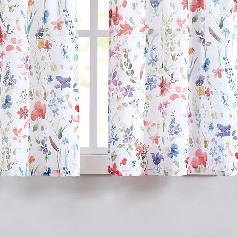 Fragrantex Print Flower Red Kitchen Curtains 45 inch length Multi-Color Linen Texture,Small Window Curtains Travel Trailer Rustic Farmhouse Floral Sheer Tiers Curtains 2 Panels Rod Pocket 28"W x 45"L