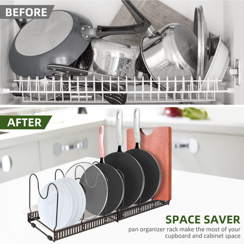 Expandable Pot and Pan Organizer Rack, Pans Pots Lid Organizer Rack Holder for Kitchen Counter Cabinet Pantry Bakeware Organizer Rack Holder with 7 Adjustable Compartments (BRONZE, 7)