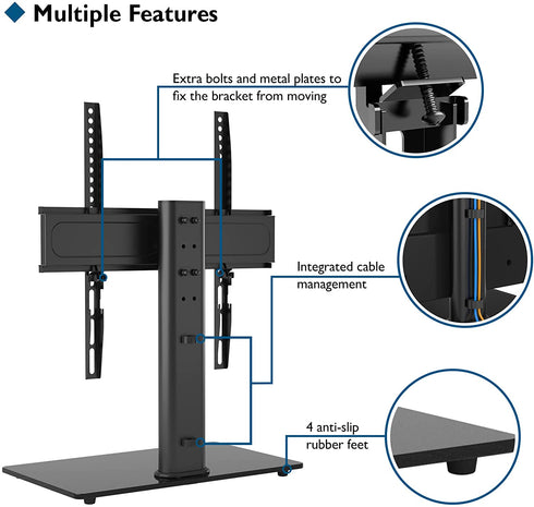 BONTEC Swivel Table Top TV Stand for 26-55 LED OLED LCD Plasma Flat Curved Screens Height Adjustable Glass Base Max, VESA 400x400mm up to 99lbs
