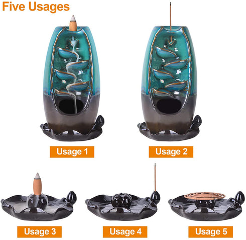 SOLEJAZZ Incense Burner Waterfall Backflow Incense Holder Incense Fountain with 120 Incense Cones & 30 Incense Sticks for Home Office Yoga Aromatcherapy Ornamen