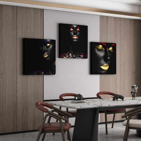 bocassis 3 Sets American Print Wall Art Décor Black Gold Painted Woman Golden Lips Picture Canvas Wall Mural Bedroom or Room for Home Decor Framed Ready to Hang (A, 12X12Inchx3Pcs)