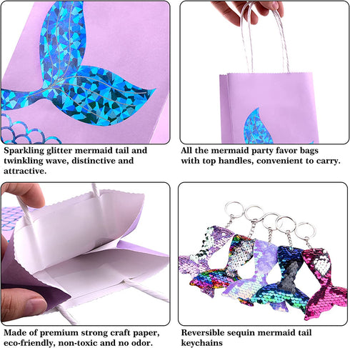 Duufin 40 Pieces Mermaid Party Favors Set Including 20 Packs Mermaid Party Bags Paper Gift Bags and 20 Pieces Flip Sequin Mermaid Tail Keychains for Mermaid Themed Party