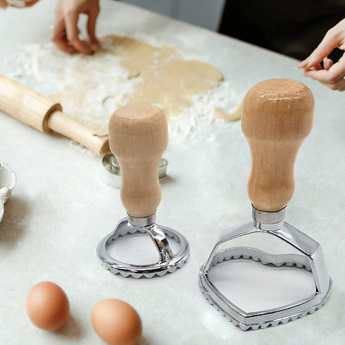 Ravioli Maker Cutter Stamp Mold - Stainless Steel 5 Sets Ravioli Maker Cutter , Wooden Handle Ravioli Maker Stamp, Mold for Cookies, Dumplings, Lasagna, Pierogi, Pasta and More. (Silver)