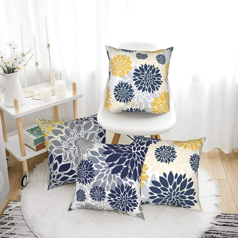 Throw Pillow Covers 18 X 18 Set of 4,Navy Blue Gold Oversized Flower Geometry Square Pillow Cushion Cases,Yellow and Gray Floral Modern Decorative Pillow Covers for Couch Sofa Bedroom Car