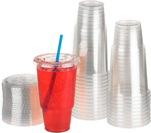 GOLDEN APPLE, 32oz-25sets. Clear Plastic Cups with Flat lids X hole (25cups +25lids) BPA Free
