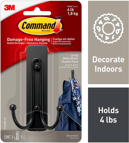 Command Large Double Wall Hook, Matte Black, Decorate Damage-Free