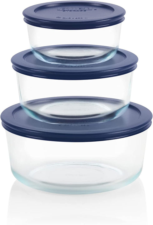 Pyrex Circular Glass Storage Container Set with Lids | 6 Piece Simply Store Meal Prep Glass Food Storage Containers | Microwave, Dishwasher, and Oven Safe | BPA Free Lids | Proudly Made in the USA