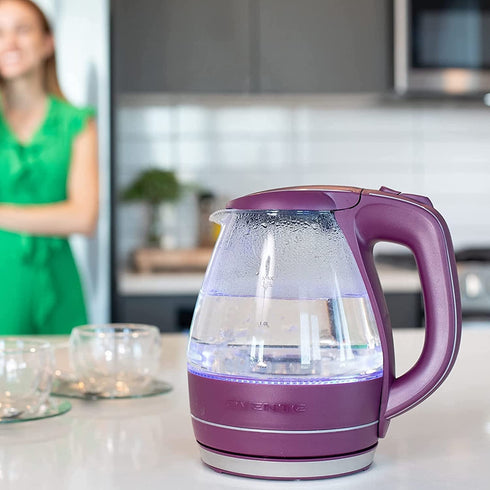 Ovente Electric Kettle Hot Water Boiler 1.5 Liter BPA Free Borosilicate Glass Fast Boiling Countertop Heater with Automatic Shut Off & Boil Dry Protection for Tea Coffee Milk Noodle, Purple KG83P