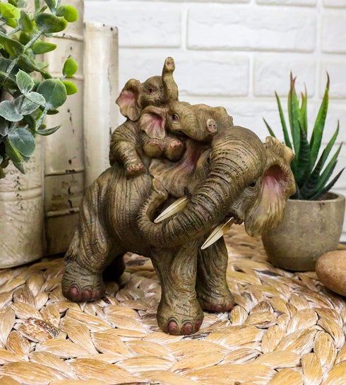 Ebros Small Wildlife Elephant Father and 2 Calves On Piggyback Playing Statue 5.25" Tall Resin Safari Elephants Family Figurine Sculpture Decor Gifts