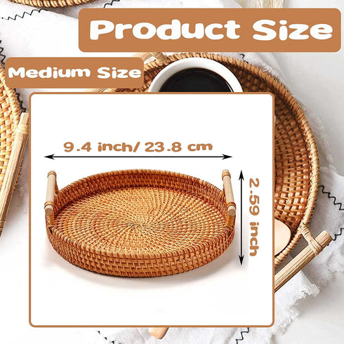 Rattan Basket Trays, Round Wicker Tray with Wooden Handle, Wicker Baskets Tray Rattan Round Handmade, Woven Rattan Serving Boho Tray for Coffee Table Decor (9.4inch / 23.8cm)