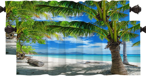 Shrahala Tropical Beach Palm Tree Kitchen Valances Half Window Curtain, Summer Holiday Beach Palm Trees Blue Kitchen Valance for Window Ink Printing Kitchen Valances for Kitchen Decor 52x18 inch