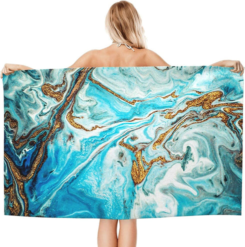 Beach Towel Sand Free Absorbent Bath Towel Blanket for Swimming Travel Yoga Camping, Turquoise Marble