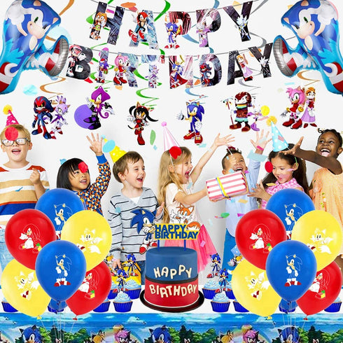 WOOACME Sonic The Hedgehog Party Supplies, 101pcs Birthday Party Decorations Include Happy Birthday Banner, Hanging Swirls Decorations, Foil Balloons and Latex Balloons, Stickers, Cake Topper and Table Cover for Kids