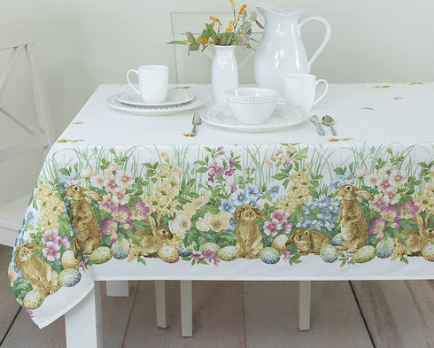 Benson Mills Easter Spillproof Fabric Tablecloth, Indoor/Outdoor Use, for Easter and Spring (Blooming Bunnies, 60" X 104" Rectangular)
