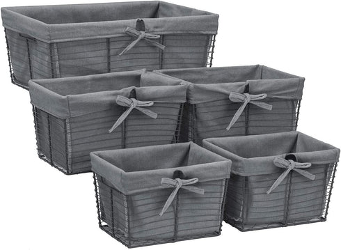 Sorbus Organizer Wire Basket Bin Storage Set, Removable Fabric Liner, Rustic Farmhouse Open Home Bins & Decorative Baskets for Shelves in Laundry Room, Bathroom, Kitchen, (Gray, Set of 5)