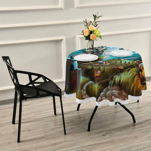 ZZKKO Happy Halloween Round Tablecloths 60" Retro Flying Witch Circular Table Linen Cloth Cover Mat Lace Washable Polyester for Dinner Party Holiday Home Decor