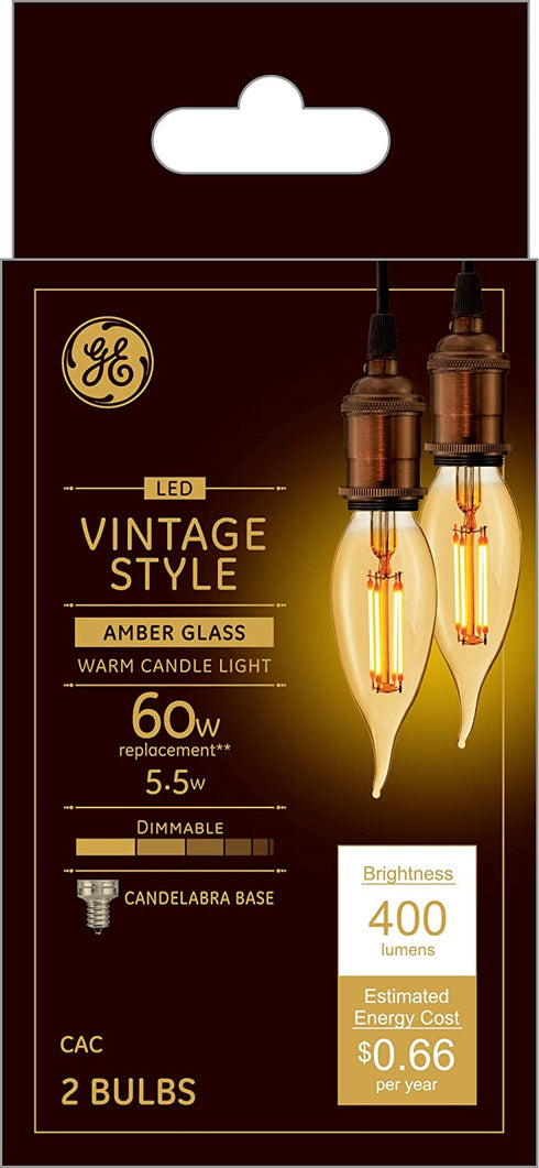 GE Vintage LED Light Bulb, Bent Tip, Warm Amber Finish, Dimmable, 60-Watt Replacement, E12 Candelabra Base, 2-Pack