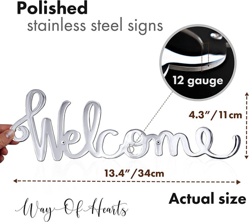 Way Of Hearts - Polished Metal Welcome Sign For Front Door - Silver Wall Decor 13.4 X 4.3" inches - Rustproof Stainless Steel - Welcome home decorations -Farmhouse wall decor