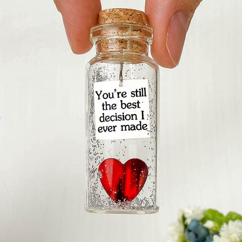 Anniversary Heart Decor Gift for Her and Him - Personalized Valentines Day Gifts - I Love You Presents for Wife and Husband (Red Heart in a Bottle, You're Still the Best Decision I Ever Made)