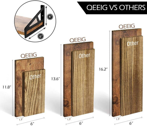 QEEIG Farmhouse Floating Shelves Bathroom 6 inch Deep Wall Shelf for Bedroom Mounted Shelving Dinning Living Room Wide Shelfs Farmhouse Kitchen Storage Rack Set of 3, Rustic Brown FS635-023BN