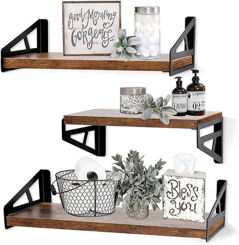 QEEIG Farmhouse Floating Shelves Bathroom 6 inch Deep Wall Shelf for Bedroom Mounted Shelving Dinning Living Room Wide Shelfs Farmhouse Kitchen Storage Rack Set of 3, Rustic Brown FS635-023BN