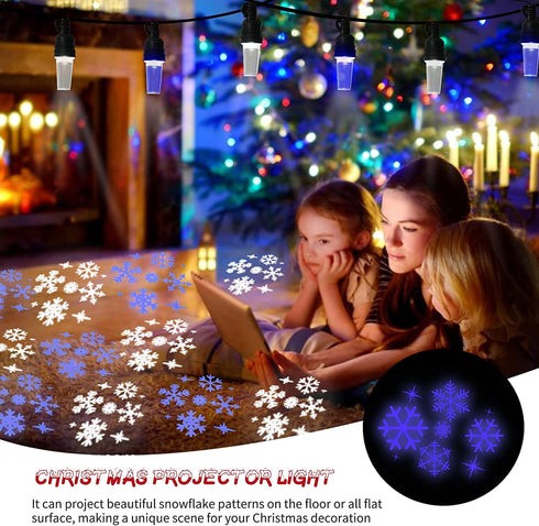 Vigdur Christmas String Lights - Snowflake Projector Light String with 10 LED Hanging Blue&White Snowflake Projector Bulbs Plug in for Indoor Outdoor Xmas Patio Yard Bedroom Holiday Decor,31.4FT