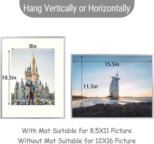 Frametory, 12x16 Aluminum Frame, 8.5x11 Photo with Ivory Mat for Wall Display, Sawtooth Hanger, Swivel Tabs, Spring Clips Great for Photos, Artworks, Posters (Silver, 1-Pack)