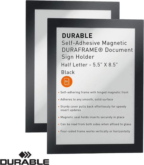 Durable Self-Adhesive Magnetic DURAFRAME Document Sign Holder, Half Letter-Size 5-1/2"" x 8-1/2"", Black, 2 Pack (491301)"