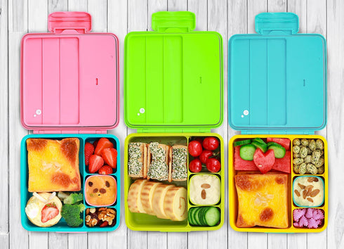 MINCOCO Kids Bento Lunch Box - Lunch Container with Sauce Jar, Spoon&Fork 4-Compartment, On-the-Go Meal and Snack Packing - Leak Proof, Durable, Microwave Safe (Sky Blue)