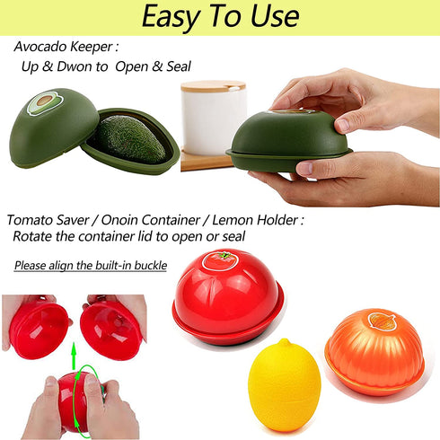 Avocado Lemon Tomato and Onion Shape Savers 4-piece Bundle Reusable Fruit and Vegetable Storage Box Keeper Holder For Fridge BPA Free Plastic Garlic Crisper Containers€¦