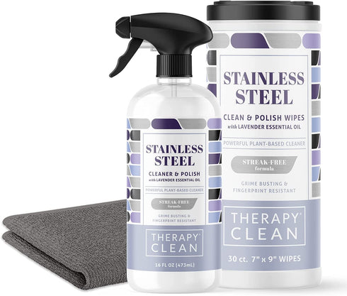 Therapy Stainless Steel Cleaner & Wipes Kit - Fingerprint Resistant, Removes Steaks and Water Marks from Appliances - Safe on Refrigerators, Grills, Sinks and Ovens