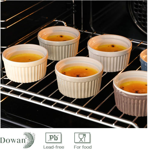 DOWAN Ramekins 4 oz Oven Safe - Creme Brulee Ramekins for Baking, Porcelain Ramekins Oven Safe, Classic Style Souffle Ramekins Ramekins Bowls, Set of 6, Multi Brown