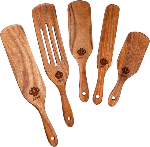 Spurtles Kitchen Tools as seen on tv, 5pcs Spurtles Kitchen Tools As Seen on TV, Natural Teak Wooden Cooking Utensils, Slotted Spurtles Set with Hanging Hole, Heat Resistant Nonstick
