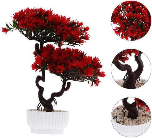 DOITOOL Artificial Potted Plant Fake Guest-Greeting Pine Bonsai Tree Ornament for Desktop Display Home Office Indoor Decor (Red)