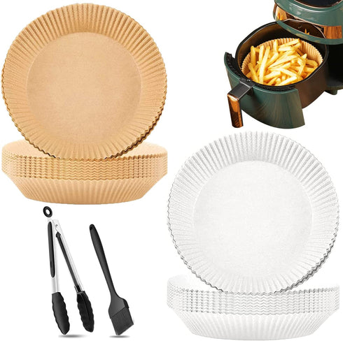 DERGUAM 100 PCS Air Fryer Disposable Paper Liner, Non-Stick Baking Parchment, Air Fryer Liners with Food Tong and Baking Brush for Baking Roasting Microwave Frying Pan, 7.8"