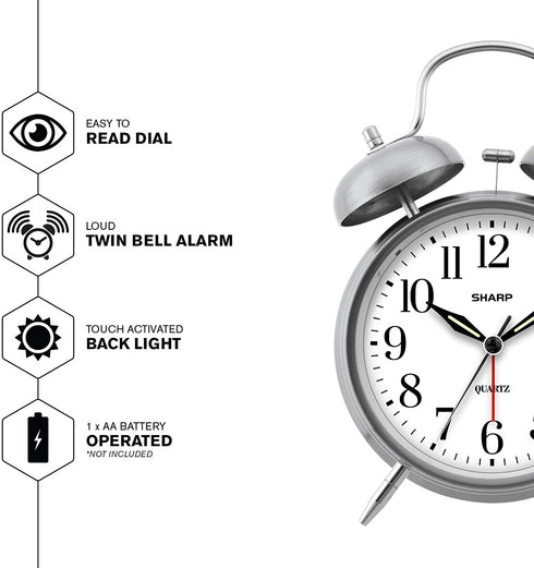 Sharp Twin Bell Alarm Clock - Loud Alarm - Great for Heavy Sleepers - Battery Operated Quartz Analog ¦ (Brushed Silver)