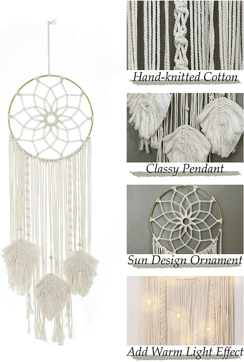 Shinowa Circle Dream Catcher, Cotton Woven Wall Hanging Moon Dream Catcher with Fairy Lights Round Macrame Wall Decoration Bohemian Decor Creative Tassel Home Hangings Boho Ornament Craft, Beige