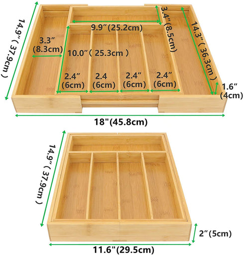 Bamboo Silverware Organizer, Expandable Kitchen Drawer Organizer for Cutlery, Wooden Utensil Holder, Multi-Function Drawer Storage, 5-7 Compartments