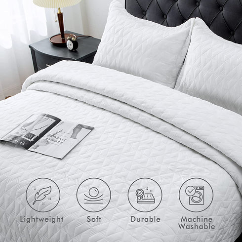 Lucian White Quilt Set Twin Size, Geometric Pattern Stitched Bedspread, Lightweight Breathable Summer Comforter Coverlet Sets for All Season, 1 Quilt (68"x86") and 1 Pillow Sham