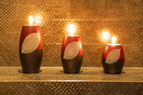 IYARA CRAFT 3 Wooden Candle Holders Decorative Candle Holders with Beauty Decor Dry Leaf Intricate Details Matte Wood Finish Ideal for Modern & Rustic Settings 2 Tones, red, Black (Rugby Shape)