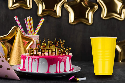 DecorRack 80 Party Cups, 16 oz -BPA Free- Plastic Soda Cups, Perfect for Birthday, Picnic, Indoor and Outdoor Event, Stackable, Reusable, Disposable Round Beverage Drinking Cup, Yellow (Pack of 80)