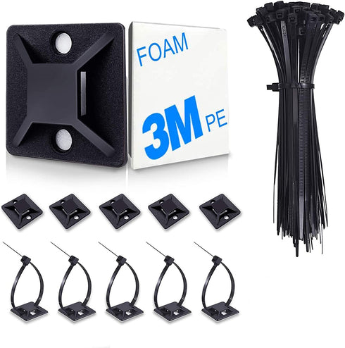 4/5" 100 Pack Zip Tie Mount With Cable Ties,Self Adhesive-backed Mounts For Wire Holder , Black Cable Management Clips Wall Anchors