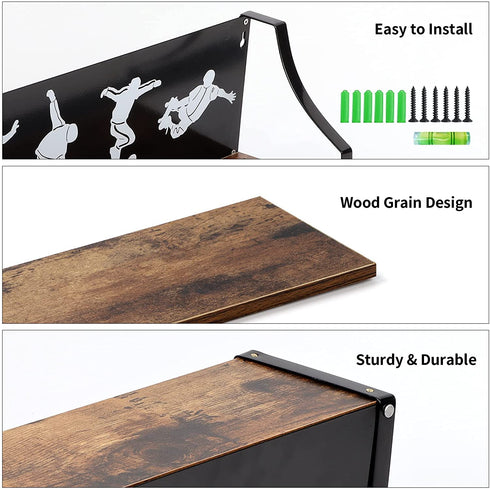 Calenzana Sports Floating Shelves Set of 3, Rustic Wooden Wall Shelf for Boys Men Room Bathroom Bedroom Living Room Decor, Black