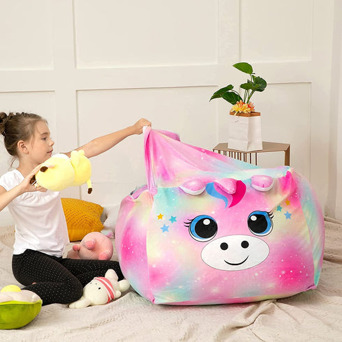 Stuffed Animal Storage Unicorn Bean Bag Chair Cover for Kids Room Organizer and Decor 24x24in (Cover Only)