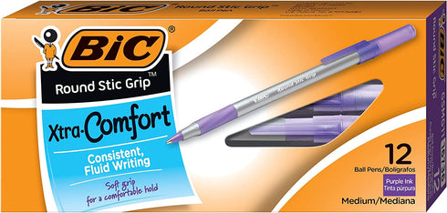 BIC Round Stic Grip Xtra Comfort Ballpoint Pen, Medium Point (1.2mm), Purple, 12-Count Pack (GSMG11-PPL)