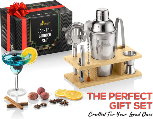 ROCKSLY Mixology Bartender Kit and Cocktail Shaker Set for Drink Mixing | Mixology Set with 6 Bar Set Tools and Pinewood Stand Makes It the Perfect Home Cocktail Kit | Complete Bartender Kit (Silver)
