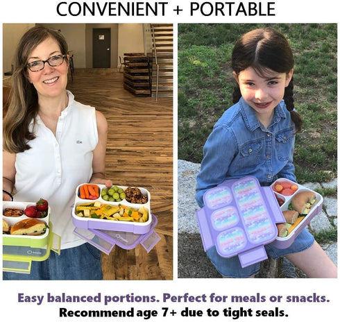 Unicorn Bento Lunch Box for Girls, Kids | Snack Containers with 4 Compartment Dividers, Boxes for Toddlers Pre-School Daycare Tween Lunches BPA Free, Food and Microwave Safe | Purple Rainbow Unicornio