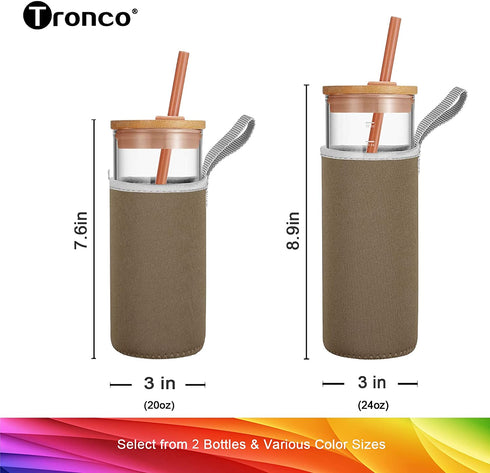 Tronco Iced Coffee Cup Glass Tumbler with Straw and Bamboo Lid|Wide Mouth Reusable Smoothie Cup with Straw and Insulator Sleeve|Borosilicate Glass Water Bottle with Lid|24oz