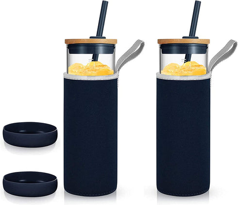Tronco Iced Coffee Cup Glass Tumbler with Straw and Bamboo Lid|Wide Mouth Reusable Smoothie Cup with Straw and Insulator Sleeve|Borosilicate Glass Water Bottle with Lid|24oz