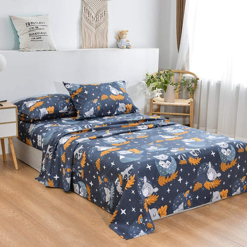 JSD Navy Blue Kids Owl Printed Sheet Set Twin for Boys Girls, Soft Microfiber Fitted Sheet Flat Sheet Pillowcases 3 Pieces
